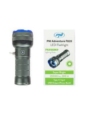 Фенер PNI Adventure F820 200 W, 3 нива на осветеност плюс Turbo, 20000 лумена, до 350 м, батерия 2600 mAh, I