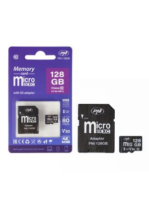 MicroSD PNI 128GB карта с памет с SD адаптер, Class 10, 80 Mb/s, V30