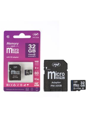 MicroSD PNI 32GB карта с памет с SD адаптер, Class 10, 80 Mb/s, V30