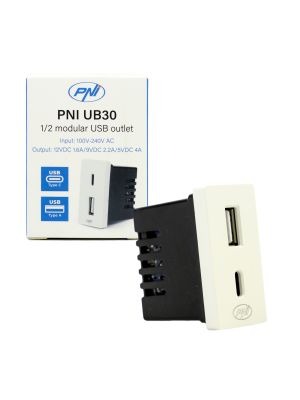 Захранващ контакт 2 x USB PNI UB30, USB-A USB-C, 12V/9V/5V, макс. 20W, модулен, тип F 1/2, вграден монтаж