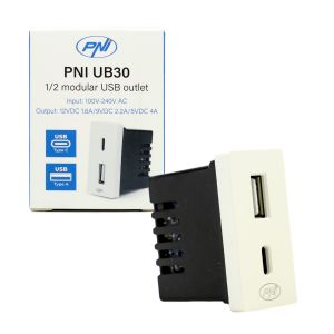 Захранващ контакт 2 x USB PNI UB30, USB-A USB-C, 12V/9V/5V, макс. 20W, модулен, тип F 1/2, вграден монтаж